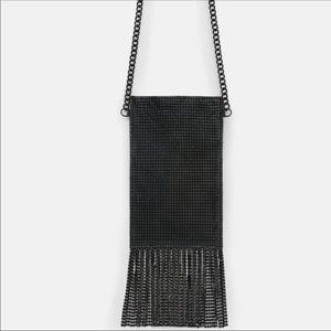 Zara black mini crossbody fringe bag card phone